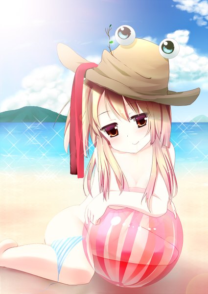 Anime picture 2548x3599 with touhou moriya suwako ikuodx (artist) single long hair tall image highres light erotic blonde hair red eyes cloud (clouds) beach girl hat beachball
