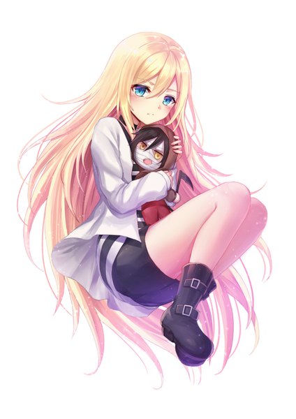 Anime picture 999x1413 with satsuriku no tenshi ray (satsuriku no tenshi) zack (satsuriku no tenshi) seungju lee single long hair tall image looking at viewer blush fringe blue eyes blonde hair simple background hair between eyes white background full body bent knee (knees) open clothes open jacket striped