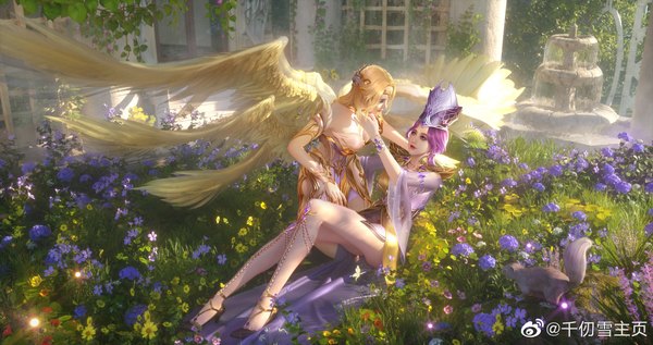 Anime picture 2760x1460 with douluo continent bibi dong (douluo dalu) qian renxue (douluo dalu) qian renxue zhuye long hair highres light erotic blonde hair wide image purple eyes multiple girls payot purple hair full body bent knee (knees) outdoors from above realistic wide sleeves angel wings