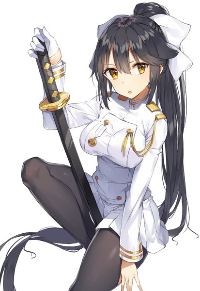 Anime-Bild 2480x3600 mit azur lane takao (azur lane) rikoma single tall image looking at viewer blush fringe highres breasts open mouth black hair simple background hair between eyes white background sitting holding yellow eyes ponytail long sleeves