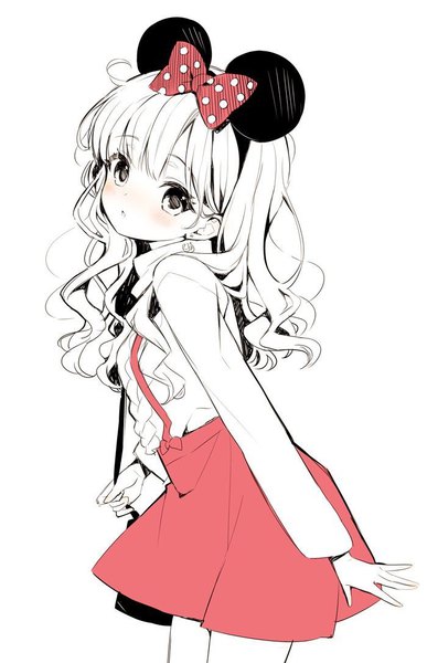 Anime picture 700x1086 with original kurokuma (kuro kumagaya) single long hair tall image looking at viewer blush fringe open mouth simple background hair between eyes white background animal ears outstretched arm turning head fake animal ears wavy hair polka dot polychromatic mouse ears