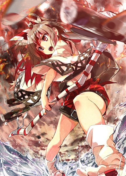 Anime picture 719x1000 with kantai collection zuihou light aircraft carrier yuki po ne single long hair tall image fringe open mouth red eyes brown hair looking away ponytail traditional clothes japanese clothes wide sleeves short sleeves legs fighting stance girl weapon