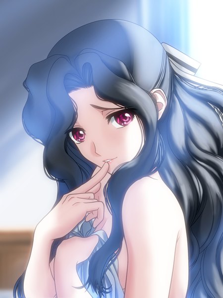 Anime-Bild 1536x2048 mit mahouka koukou no rettousei saegusa mayumi oowada0102 single long hair tall image looking at viewer light erotic black hair red eyes standing bare shoulders holding indoors parted lips nude sunlight finger to mouth covering covering breasts
