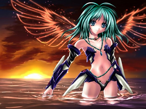 Anime picture 1024x768 with blue eyes green hair wings armor jewelry necklace mecha