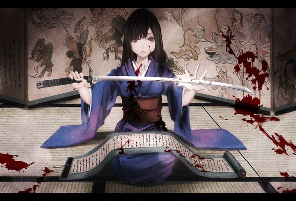 Anime picture 1325x900 with original koh (minagi kou) single long hair looking at viewer fringe breasts brown hair holding brown eyes traditional clothes japanese clothes letterboxed serious bloody clothes blood stains girl weapon sword kimono