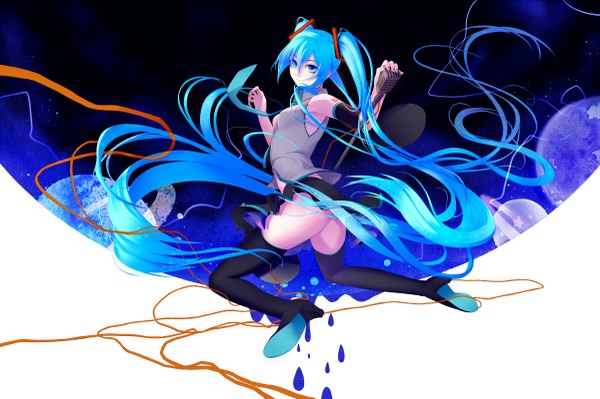 Anime picture 1200x799 with vocaloid hatsune miku single light erotic twintails very long hair looking back aqua eyes aqua hair girl thighhighs skirt hair ornament black thighhighs miniskirt necktie microphone stand