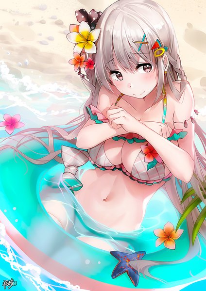 Anime picture 1080x1528 with original kyjsogom single long hair tall image blush fringe breasts light erotic large breasts sitting brown eyes signed payot looking away silver hair head tilt hair flower embarrassed beach