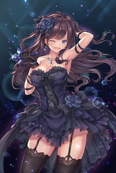 Anime picture 869x1300 with idolmaster idolmaster cinderella girls ichinose shiki cenangam single long hair tall image looking at viewer blush fringe breasts open mouth blue eyes simple background brown hair large breasts standing holding cleavage ahoge