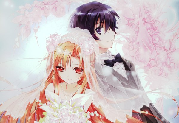 Anime picture 3835x2643 with sword art online a-1 pictures yuuki asuna kirigaya kazuto aigamo hiroyuki long hair looking at viewer blush highres short hair black hair smile brown hair brown eyes absurdres hair flower light smile from above scan alternate costume