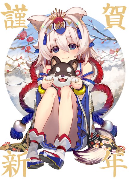 Anime picture 1046x1455 with original shirabi single long hair tall image looking at viewer blush fringe blue eyes simple background smile hair between eyes sitting animal ears full body bent knee (knees) white hair tail animal tail wide sleeves