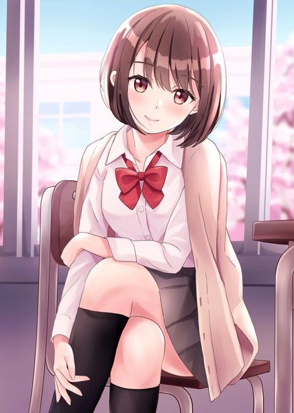 Anime picture 1200x1683 with original yukimaru217 single tall image looking at viewer blush short hair smile brown hair sitting brown eyes indoors crossed legs cherry blossoms clothes on shoulders girl uniform school uniform socks window