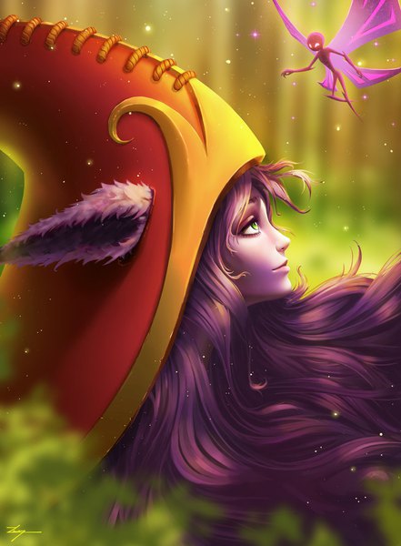 Anime picture 800x1087 with league of legends lulu (league of legends) zarory single long hair tall image fringe green eyes signed animal ears purple hair profile light smile lips pointy ears blurry realistic sparkle depth of field looking up