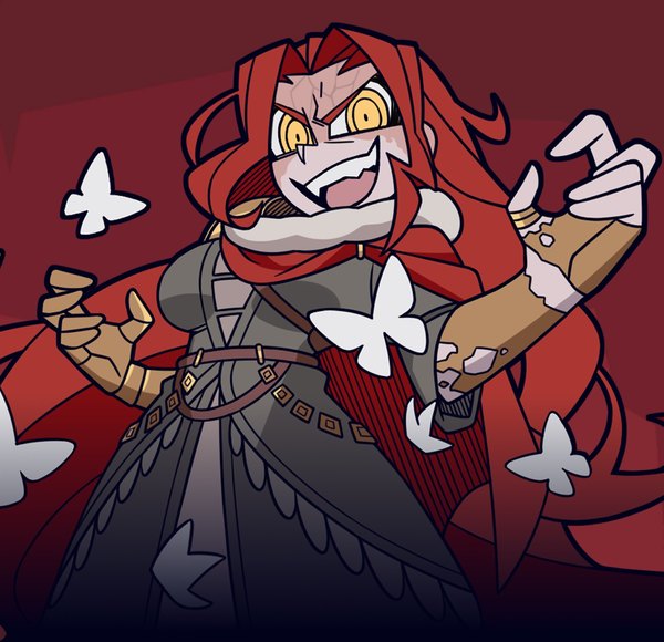 Anime picture 1490x1440 with elden ring helltaker malenia blade of miquella judgement (helltaker) sly96 single looking at viewer open mouth simple background smile standing yellow eyes upper body red hair very long hair :d arms up teeth fur trim red background