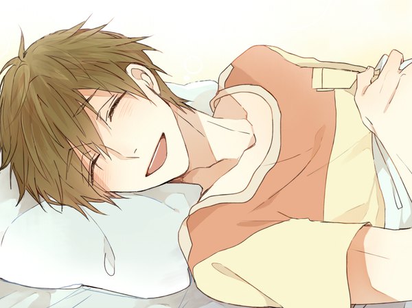 Anime picture 1100x824 with free! kyoto animation tachibana makoto shijima tohiro single blush fringe short hair open mouth simple background hair between eyes brown hair lying eyes closed ^ ^ boy pillow bed t-shirt