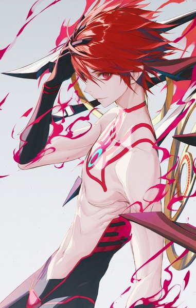 Anime picture 579x910 with fate (series) fate/grand order karna (fate) super karna wanke single tall image looking at viewer fringe short hair simple background hair between eyes red eyes upper body red hair profile tattoo hand on head eyeshadow aura