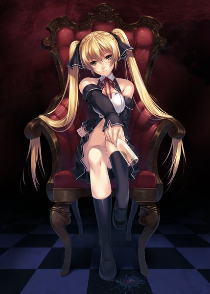 Anime picture 740x1035 with dream c club mian (dream c club) hagure keg single long hair tall image looking at viewer fringe breasts blonde hair smile sitting twintails bare shoulders holding brown eyes bent knee (knees) long sleeves pleated skirt crossed legs