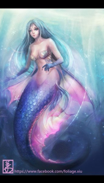 Anime picture 684x1200 with original foliage (artist) single long hair tall image looking at viewer blue eyes bare shoulders blue hair tail lips underwater monster girl fish tail girl mermaid