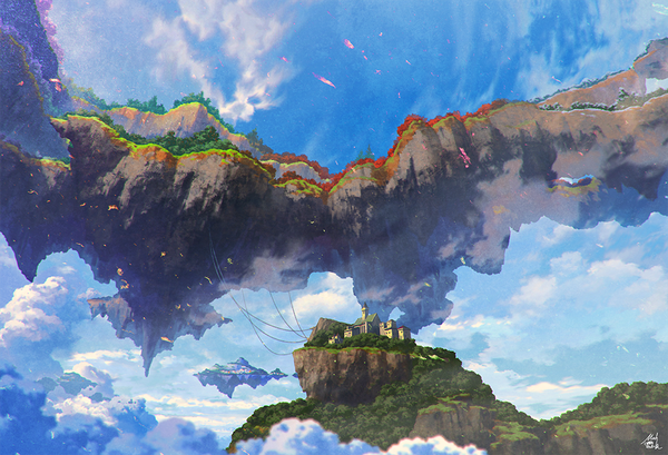 イラスト 1000x683 と オリジナル mocha (cotton) signed 空 cloud (clouds) city floating island 植物 木 建物 電線 island