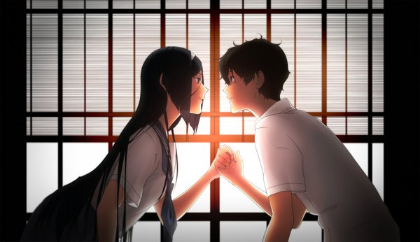 Anime picture 1500x865 with hyouka kyoto animation oreki houtarou irisu fuyumi revolmxd long hair short hair open mouth black hair smile wide image profile sunlight couple holding hands eye contact girl boy skirt uniform