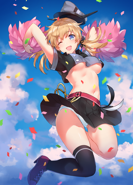 Anime-Bild 900x1252 mit kantai collection prinz eugen (kantai collection) tousaki umiko single long hair tall image looking at viewer breasts open mouth blue eyes light erotic blonde hair smile twintails sky cloud (clouds) ahoge pleated skirt one eye closed no bra