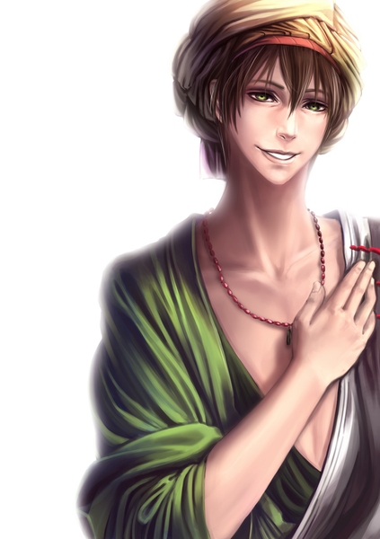 Anime picture 1000x1417 with free! kyoto animation tachibana makoto reiberrycream single tall image looking at viewer short hair simple background smile brown hair white background green eyes boy headdress beads arabian clothes