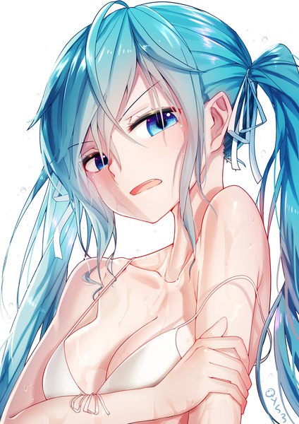 Anime picture 800x1132 with vocaloid hatsune miku qys3 single long hair tall image looking at viewer blush fringe breasts open mouth light erotic simple background hair between eyes white background twintails bare shoulders payot cleavage upper body