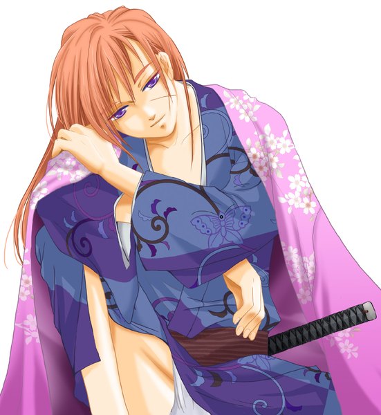 Anime picture 1378x1500 with rurouni kenshin himura kenshin sayara (artist) single long hair tall image simple background white background purple eyes japanese clothes orange hair scar clothes on shoulders animal print leg hug butterfly print boy weapon sword katana