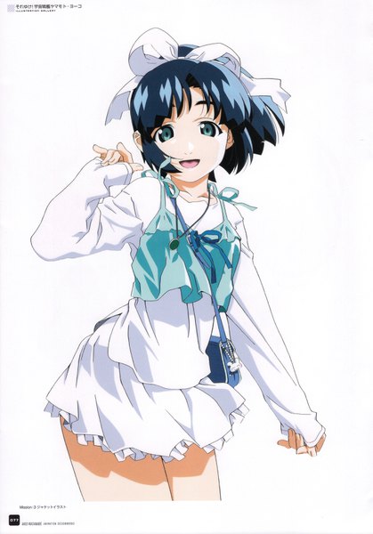 Anime picture 2438x3488 with starship girl yamamoto yohko j.c. staff akio watanabe animation design works (artbook) hakuhouin ayano watanabe akio single tall image looking at viewer highres short hair open mouth blue eyes black hair simple background smile white background signed wind scan copyright name