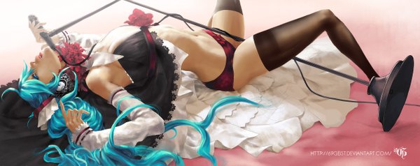 Anime picture 2513x1000 with vocaloid hatsune miku 69geist single long hair highres blue eyes light erotic wide image blue hair ahoge spread legs girl thighhighs navel underwear panties black thighhighs microphone stand