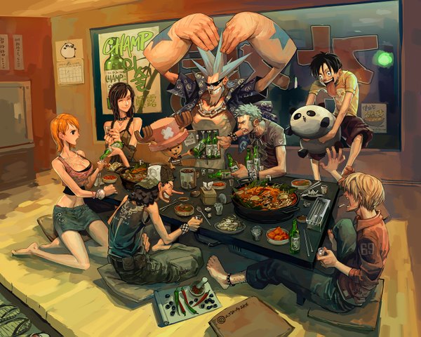 Anime picture 1518x1215 with one piece toei animation nami (one piece) monkey d. luffy nico robin roronoa zoro sanji tony tony chopper usopp franky arnistotle long hair short hair breasts open mouth black hair blonde hair smile multiple girls brown eyes