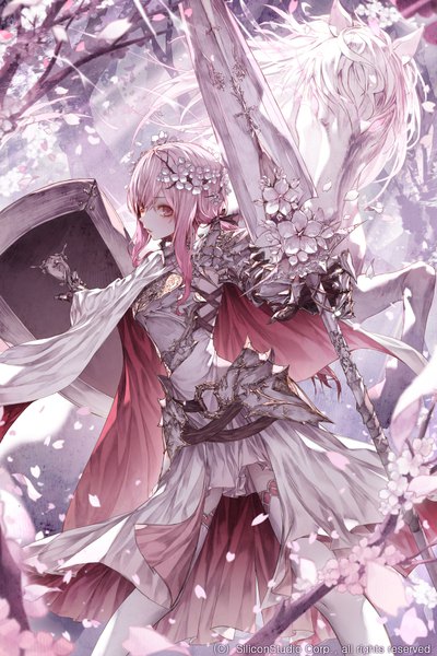 Anime picture 667x1000 with original wanke long hair tall image breasts standing holding pink hair head tilt hair flower gradient hair pale skin girl dress flower (flowers) weapon plant (plants) animal petals tree (trees)
