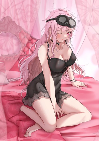 Anime picture 1188x1690 with virtual youtuber hololive hololive english mori calliope mori calliope (6th costume) dealesis single long hair tall image looking at viewer blush fringe breasts open mouth light erotic large breasts sitting bare shoulders pink hair cleavage