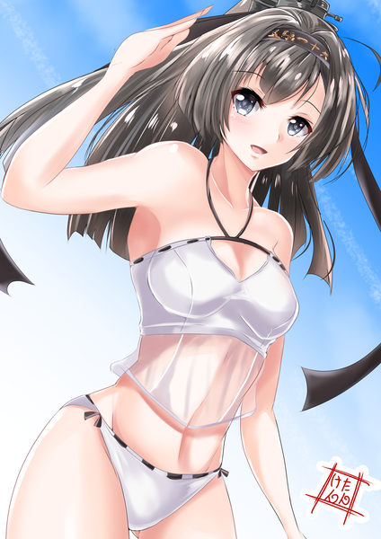 Anime picture 1409x1992 with kantai collection akizuki destroyer kentan (kingtaiki) single long hair tall image looking at viewer blush fringe breasts open mouth light erotic black hair standing bare shoulders signed payot sky cleavage ponytail