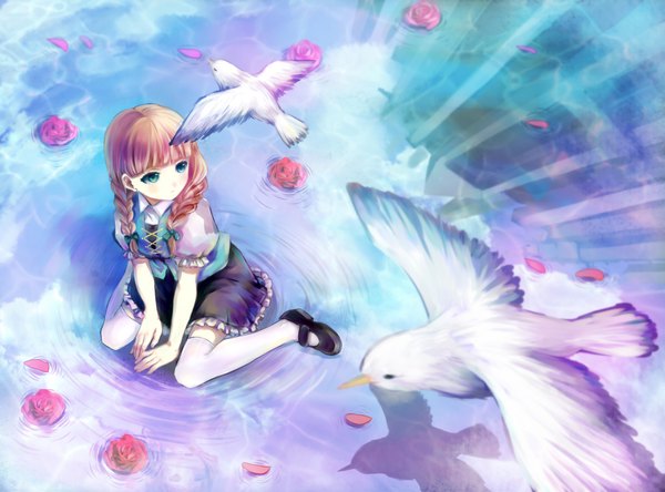 Anime picture 4208x3120 with original nihility (artist) single long hair blush fringe highres blue eyes brown hair sitting absurdres outdoors braid (braids) from above short sleeves twin braids partially submerged wariza girl thighhighs