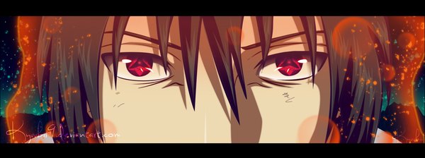 Anime picture 1280x479 with naruto studio pierrot naruto (series) uchiha sasuke kyuubii9 single short hair black hair red eyes wide image night night sky coloring magic close-up mountain face sharingan boy