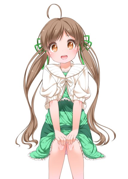 Anime picture 1144x1600 with idolmaster idolmaster million live! hakozaki serika shouji ayumu single long hair tall image looking at viewer blush open mouth simple background smile brown hair white background twintails ahoge loli orange eyes girl dress