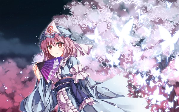 Anime picture 1920x1200 with touhou saigyouji yuyuko toshizaki shouma (artist) single highres short hair red eyes wide image pink hair cherry blossoms girl plant (plants) hat tree (trees) fan
