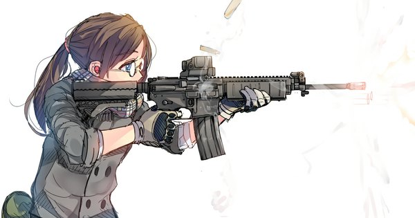 Anime picture 1000x526 with original daito (daito369) single long hair blue eyes simple background brown hair wide image standing white background holding ponytail profile twisty sleeves shot casing ejection girl gloves weapon glasses
