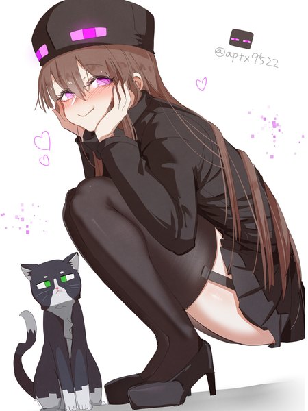 Anime picture 1400x1866 with minecraft enderman at2. single long hair tall image looking at viewer blush fringe light erotic simple background smile hair between eyes brown hair white background purple eyes signed payot full body ass