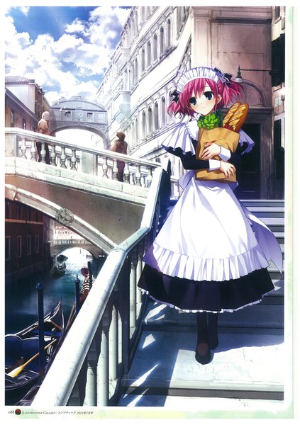 Anime picture 1270x1801 with grisaia no kajitsu komine sachi fumio (ura fmo) tall image fringe short hair blue eyes smile hair between eyes standing twintails holding looking away pink hair sky cloud (clouds) full body outdoors sunlight scan