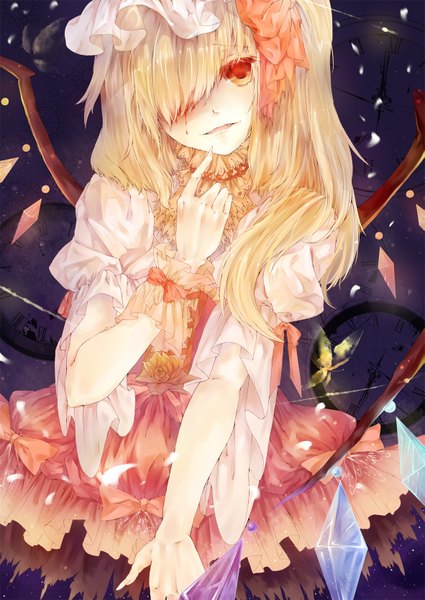 Anime picture 1181x1668 with touhou flandre scarlet vieny single long hair tall image looking at viewer fringe open mouth smile fingernails hair over one eye orange eyes finger to mouth girl dress bow wings insect butterfly