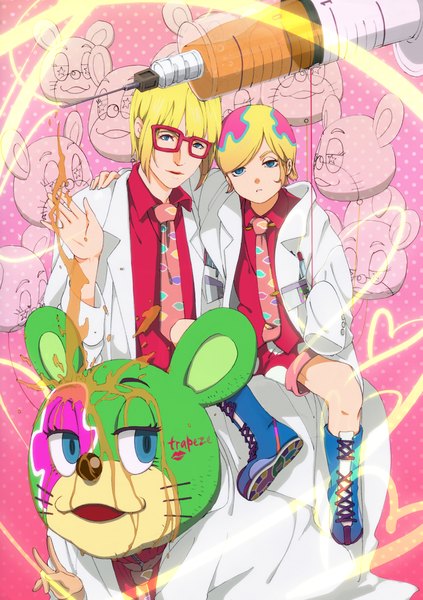 Anime picture 1638x2324 with kuuchuu buranko toei animation irabu ichiro hozumi (artist) tall image short hair blue eyes blonde hair smile sitting kneeling hands in sleeves multiple persona mouse costume boy glasses necktie shorts knee boots labcoat