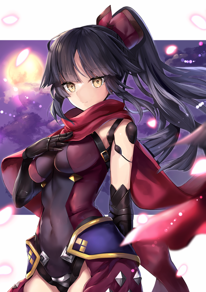 Anime picture 2895x4093 with fate (series) fate/grand order katou danzou (fate) hane yuki single long hair tall image looking at viewer highres light erotic black hair standing yellow eyes payot ponytail wind covered navel hand on chest girl scarf
