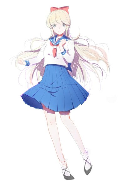 Anime picture 800x1163 with bishoujo senshi sailor moon toei animation aino minako uka (artist) single long hair tall image looking at viewer fringe blue eyes simple background blonde hair smile white background sketch girl uniform bow hair bow socks