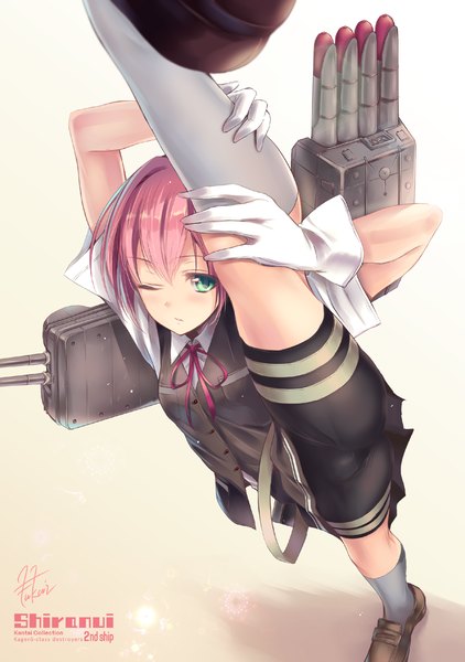 Anime picture 880x1250 with kantai collection shiranui destroyer fukai ryosuke single tall image looking at viewer short hair light erotic green eyes signed pink hair stretch girl gloves ribbon (ribbons) weapon white gloves gun vest knee socks