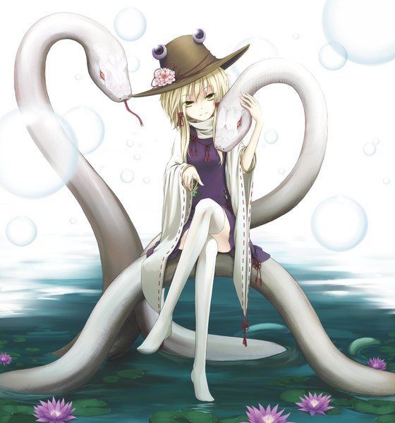 Anime picture 2800x3000 with touhou moriya suwako mishaguji cloudy.r tall image highres short hair blonde hair yellow eyes no shoes crossed legs girl thighhighs flower (flowers) hat white thighhighs snake