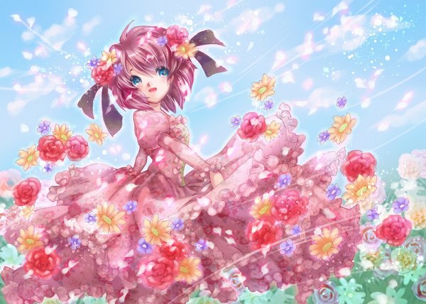 Anime picture 1024x732 with original kasumi miruchi single blush short hair open mouth blue eyes red hair girl dress flower (flowers) petals