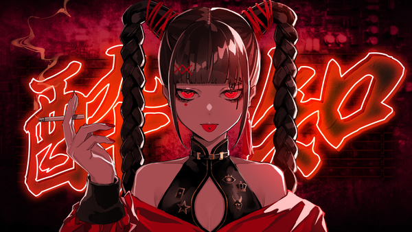 Anime picture 1600x900 with original vocaloid lam (ramdayo) single long hair looking at viewer fringe black hair red eyes wide image bare shoulders holding payot upper body blunt bangs braid (braids) long sleeves arm up off shoulder twin braids