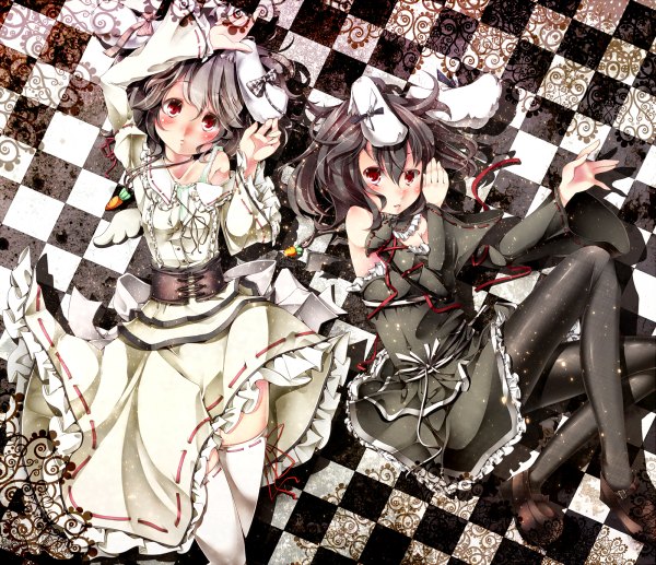 Anime picture 1200x1034 with touhou inaba tewi sugiyuu blush black hair red eyes bare shoulders multiple girls lying bunny ears checkered background girl dress 2 girls detached sleeves white dress black dress