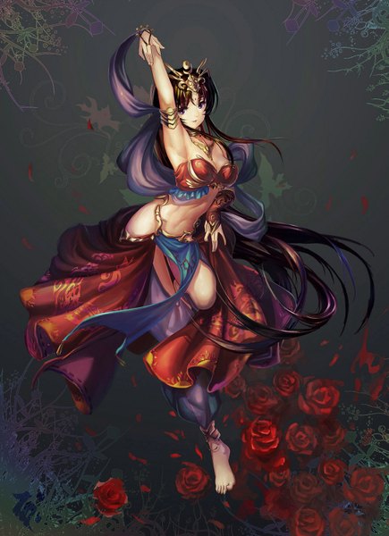 Anime picture 1089x1500 with original ushas tall image fringe light erotic black hair simple background brown hair very long hair traditional clothes barefoot dancing dancer girl flower (flowers) rose (roses) jewelry armlet anklet